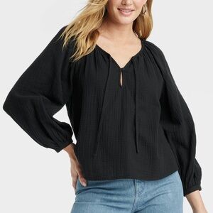 Universal Thread Black Peasant Blouse with Tie Neck